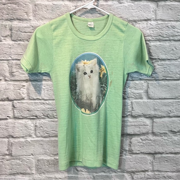 70’s Children’s Large “Peppermint Elfie” White Cat Print Shirt Customized flawed - Picture 7 of 12